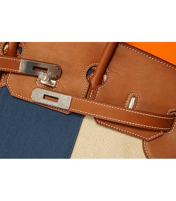 Hermes Birkin 35cm Bag Blue Canvas With Brown Original Leather Golden Metal