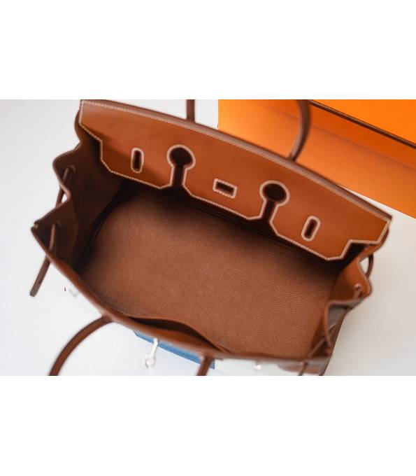 Hermes Birkin 35cm Bag Blue Canvas With Brown Original Leather Golden Metal