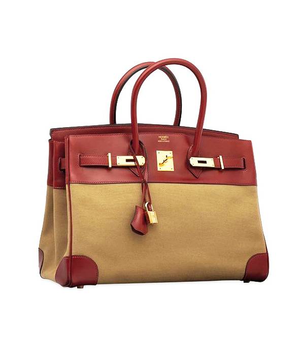 Hermes Birkin 30cm Bag Canvas With Wine Red Original Swift Leather Golden Metal