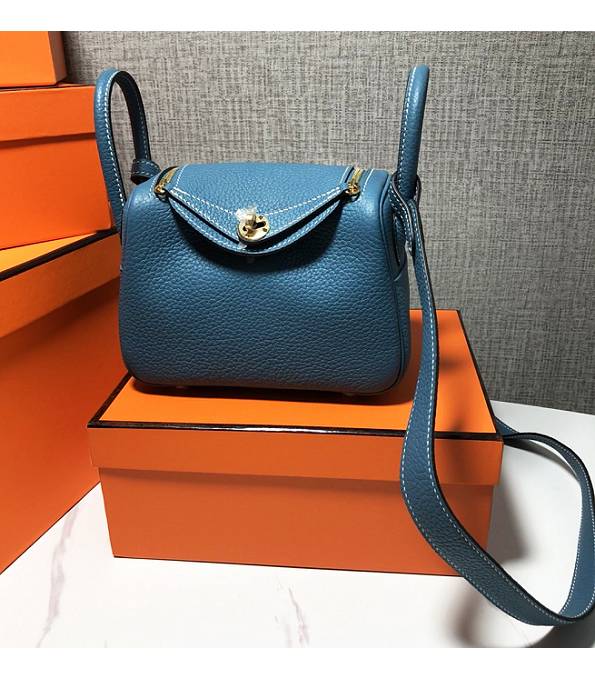 Hermes Mini Lindy 18cm Bag Denim Blue Original Swift Leather Golden Metal