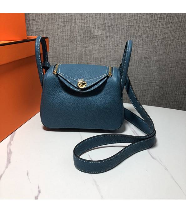 Hermes Mini Lindy 18cm Bag Denim Blue Original Swift Leather Golden Metal