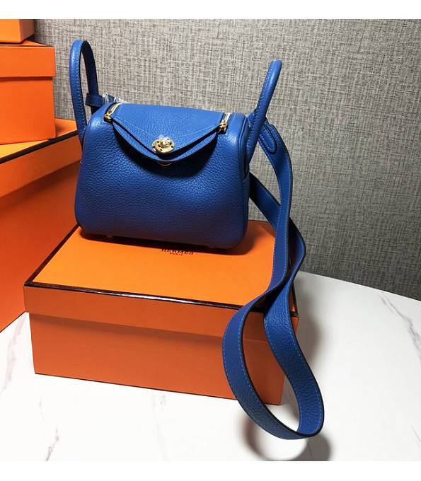 Hermes Mini Lindy 18cm Bag Hydra Blue Original Swift Leather Golden Metal