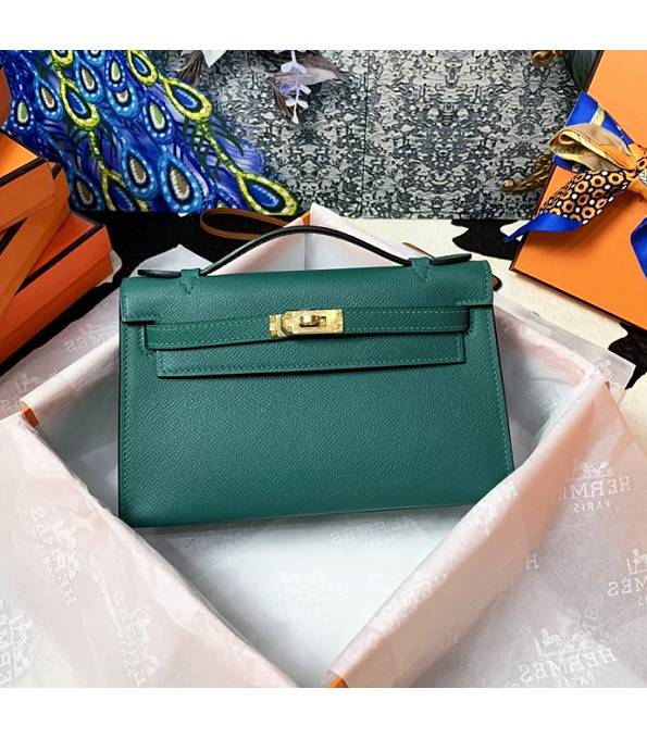 Hermes Kelly Pochette 22cm Bag Peacock Green Original Epsom Palm Leather Golden Metal