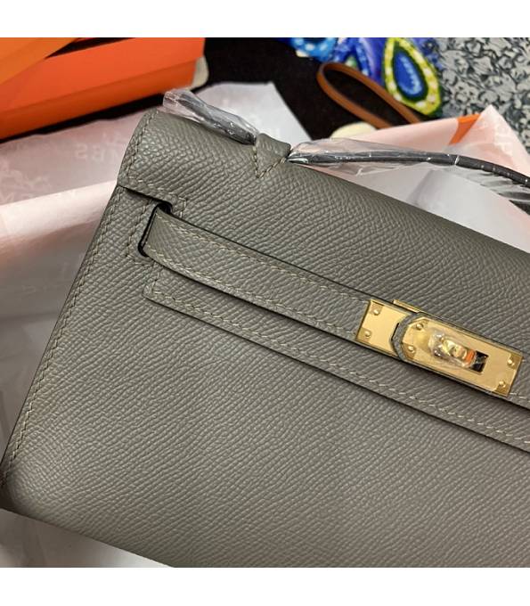 Hermes Kelly Pochette 22cm Bag Etain Grey Original Epsom Palm Leather Golden Metal