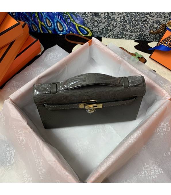 Hermes Kelly Pochette 22cm Bag Etain Grey Original Epsom Palm Leather Golden Metal