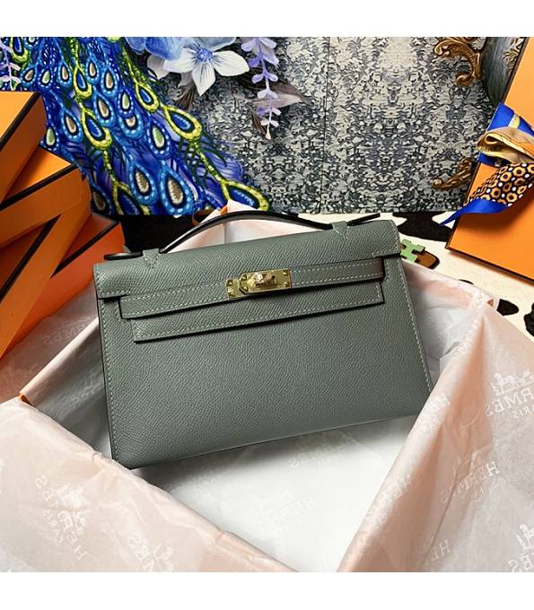 Hermes Kelly Pochette 22cm Bag Almond Green Original Epsom Palm Leather Golden Metal
