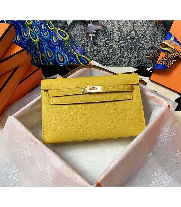 Hermes Kelly Pochette 22cm Bag Amber Yellow Original Epsom Palm Leather Golden Metal