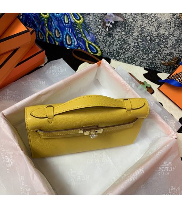 Hermes Kelly Pochette 22cm Bag Amber Yellow Original Epsom Palm Leather Golden Metal
