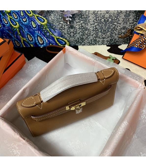 Hermes Kelly Pochette 22cm Bag Brown Original Epsom Palm Leather Golden Metal