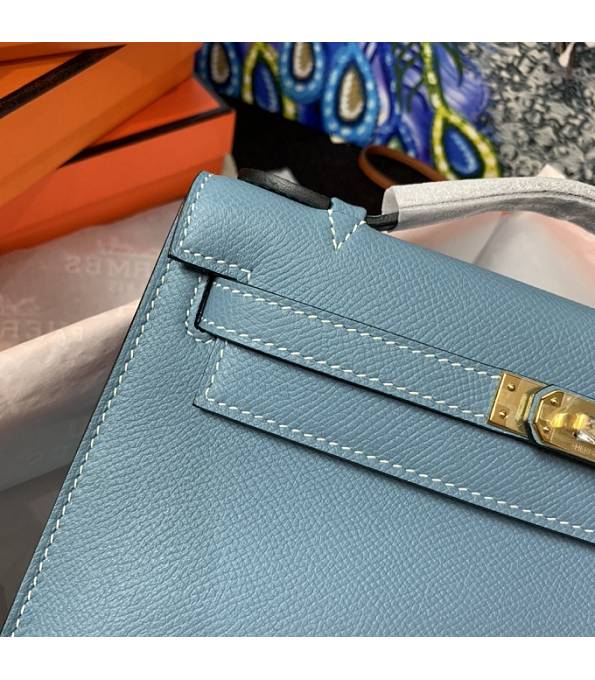Hermes Kelly Pochette 22cm Bag Denim Blue Original Epsom Palm Leather Golden Metal