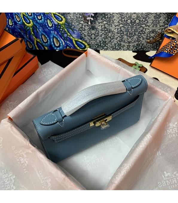 Hermes Kelly Pochette 22cm Bag Denim Blue Original Epsom Palm Leather Golden Metal