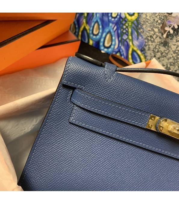 Hermes Kelly Pochette 22cm Bag Smog Blue Original Epsom Palm Leather Golden Metal