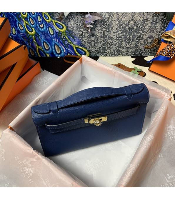 Hermes Kelly Pochette 22cm Bag Smog Blue Original Epsom Palm Leather Golden Metal