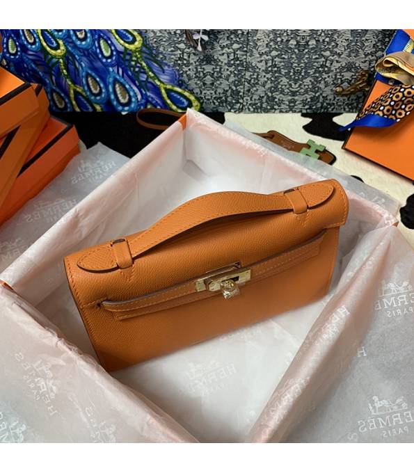 Hermes Kelly Pochette 22cm Bag Orange Original Epsom Palm Leather Golden Metal