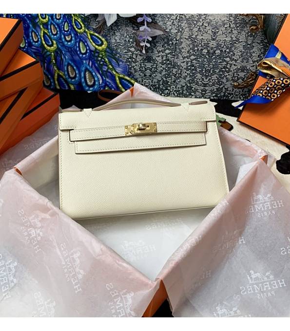 Hermes Kelly Pochette 22cm Bag Milkshake White Original Epsom Palm Leather Golden Metal