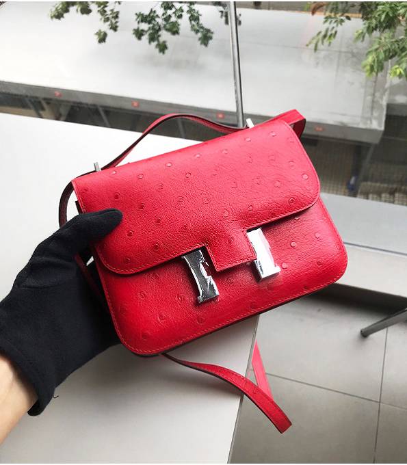 Hermes Constance 18cm Mini Bag Red Real Ostrich Leather Silver Metal