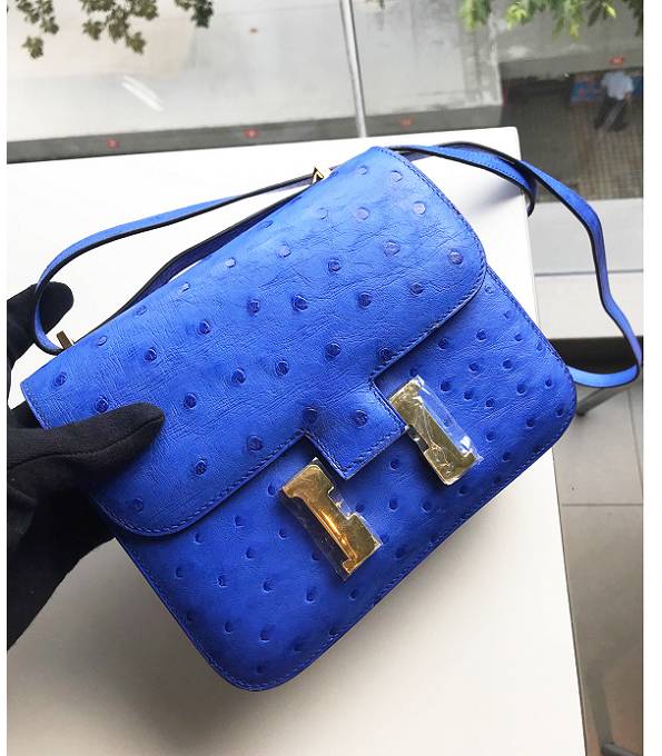Hermes Constance 18cm Mini Bag Hydra Blue Real Ostrich Leather Golden Metal