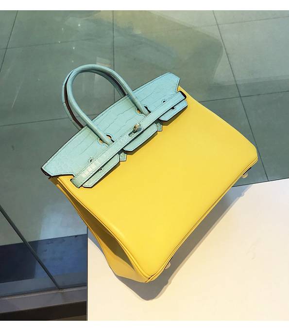 Hermes Birkin 25cm Bag Lemon Yellow Original Togo With Real Croc Leather Golden Metal