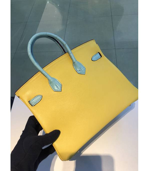 Hermes Birkin 25cm Bag Lemon Yellow Original Togo With Real Croc Leather Golden Metal