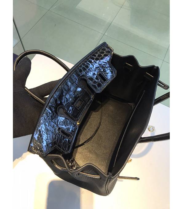 Hermes Birkin 25cm Bag Black Original Togo With Real Croc Leather Golden Metal
