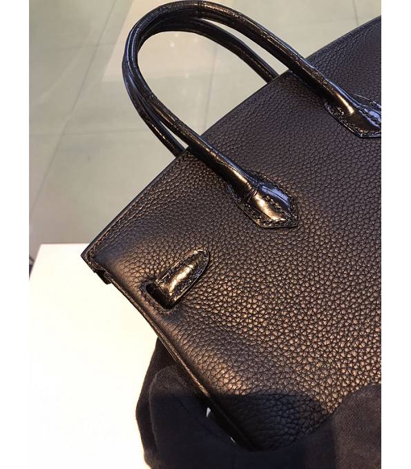 Hermes Birkin 25cm Bag Black Original Togo With Real Croc Leather Golden Metal