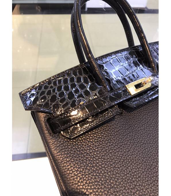 Hermes Birkin 25cm Bag Black Original Togo With Real Croc Leather Golden Metal
