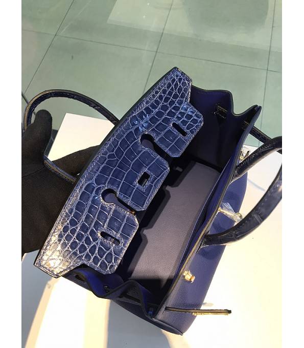 Hermes Birkin 25cm Bag Sapphire Blue Original Togo With Real Croc Leather Golden Metal