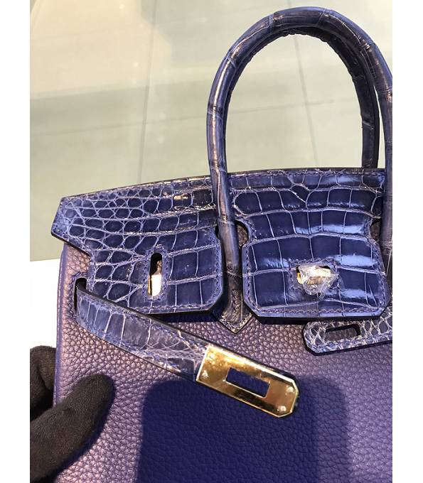 Hermes Birkin 25cm Bag Sapphire Blue Original Togo With Real Croc Leather Golden Metal