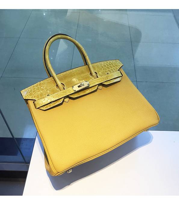 Hermes Birkin 30cm Bag Amber Yellow Original Togo With Real Croc Leather Silver Metal