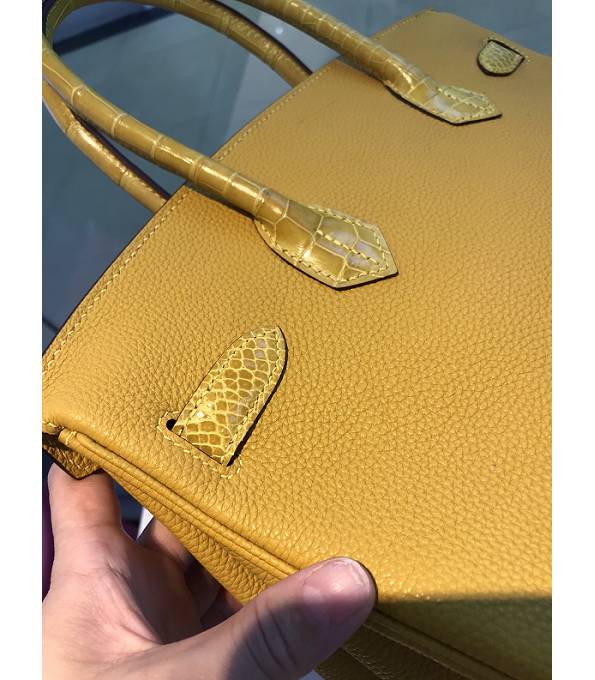 Hermes Birkin 30cm Bag Amber Yellow Original Togo With Real Croc Leather Silver Metal