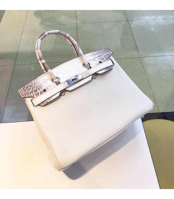 Hermes Birkin 30cm Bag White Original Togo With Real Croc Leather Silver Metal