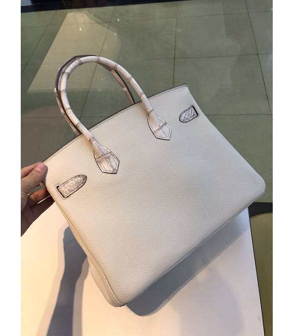 Hermes Birkin 30cm Bag White Original Togo With Real Croc Leather Silver Metal