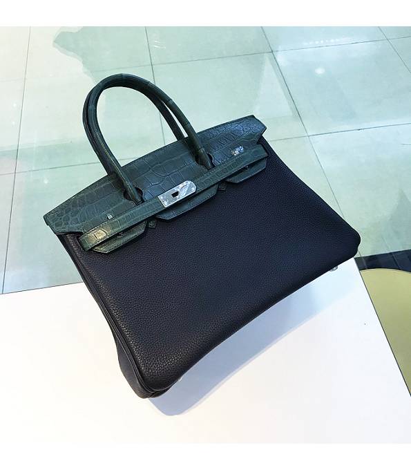 Hermes Birkin 30cm Bag Black Original Togo With Dark Green Croc Leather Silver Metal