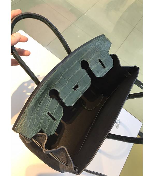 Hermes Birkin 30cm Bag Black Original Togo With Dark Green Croc Leather Silver Metal