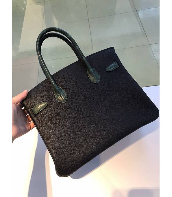 Hermes Birkin 30cm Bag Black Original Togo With Dark Green Croc Leather Silver Metal