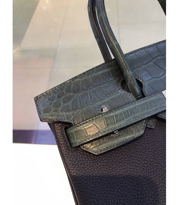 Hermes Birkin 30cm Bag Black Original Togo With Dark Green Croc Leather Silver Metal