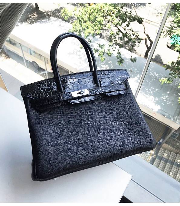 Hermes Birkin 30cm Bag Black Original Togo With Real Croc Leather Silver Metal