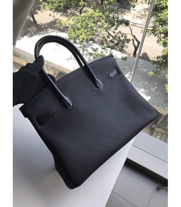 Hermes Birkin 30cm Bag Black Original Togo With Real Croc Leather Silver Metal