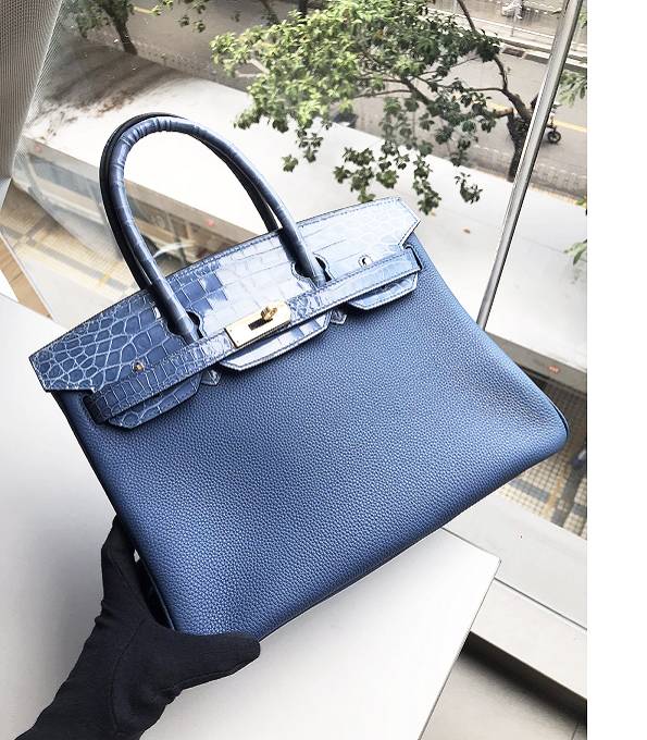 Hermes Birkin 30cm Bag Denim Blue Original Togo With Real Croc Leather Golden Metal