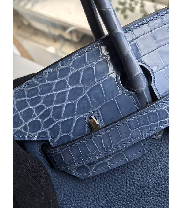 Hermes Birkin 30cm Bag Denim Blue Original Togo With Real Croc Leather Golden Metal