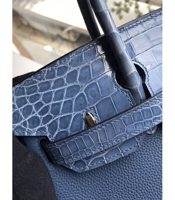 Hermes Birkin 30cm Bag Denim Blue Original Togo With Real Croc Leather Golden Metal