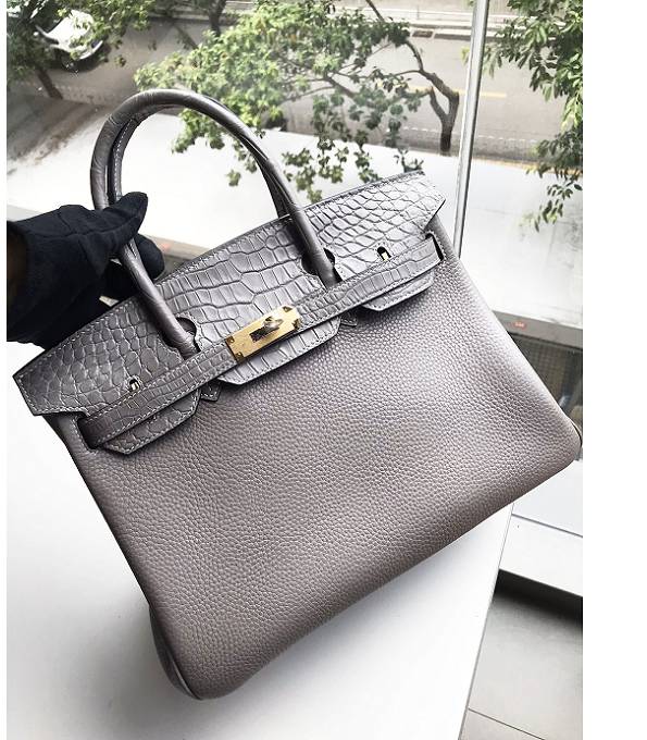 Hermes Birkin 30cm Bag Grey Original Togo With Real Croc Leather Golden Metal