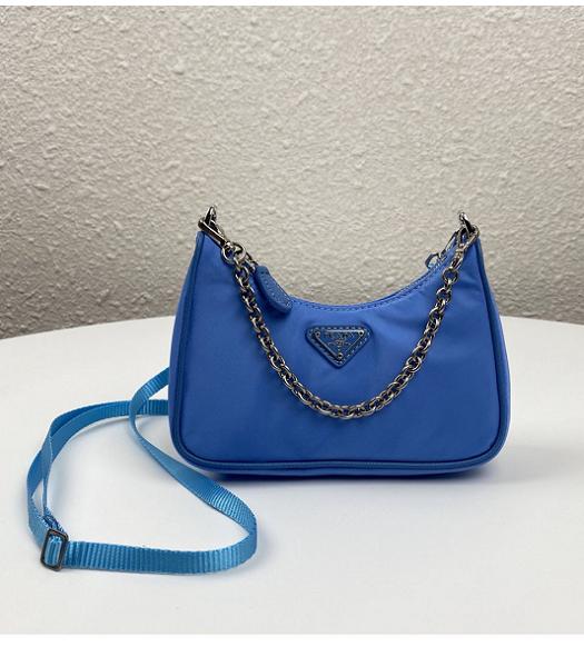 Prada Blue Nylon With Original Leather Mini Hobo Bag