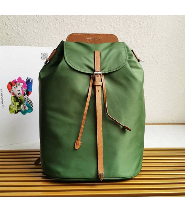 Prada Green Nylon With Brown Original Saffiano Cross Veins Leather Backpack