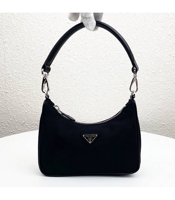 Prada Black Nylon With Original Croc Veins Leather Hobo Shoulder Bag