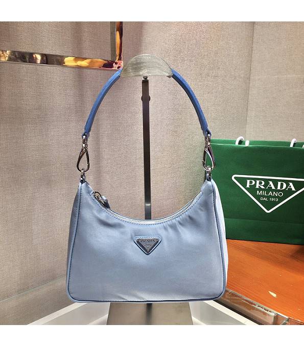 Prada Light Blue Nylon With Original Croc Veins Leather Hobo Shoulder Bag