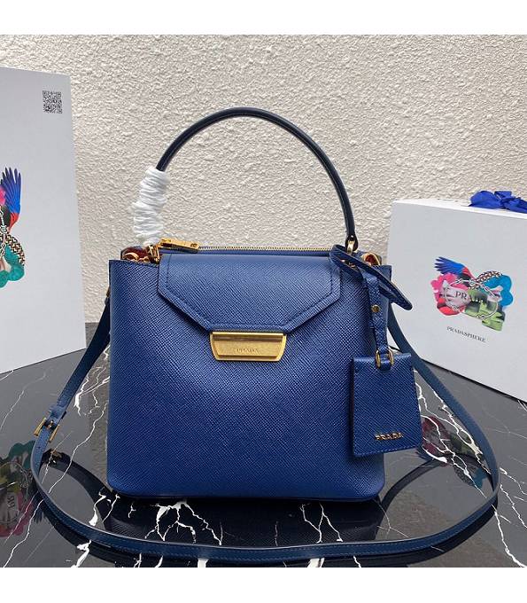 Prada Blue Saffiano Original Cross Veins Leather Bucket Bag