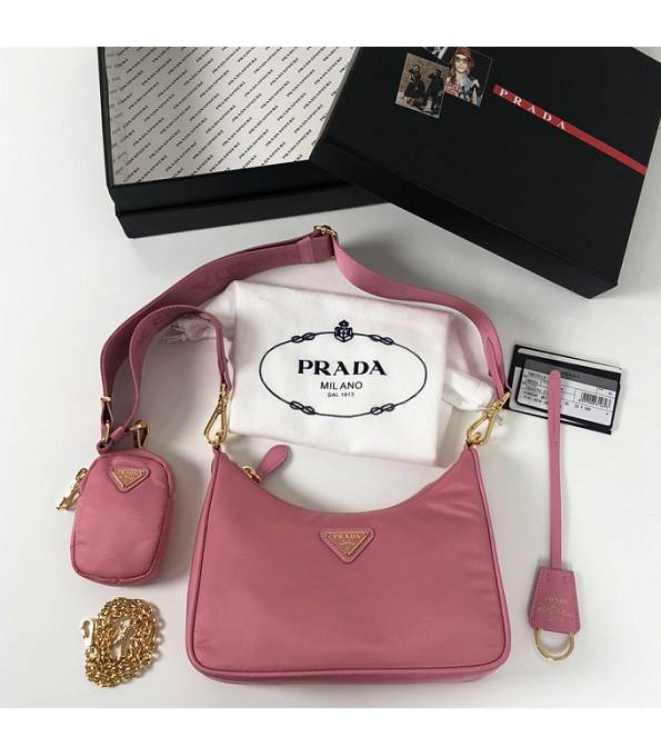 Prada Re-Edition 2005 Pink Original Nylon Golden Logo Mini Hobo Bag