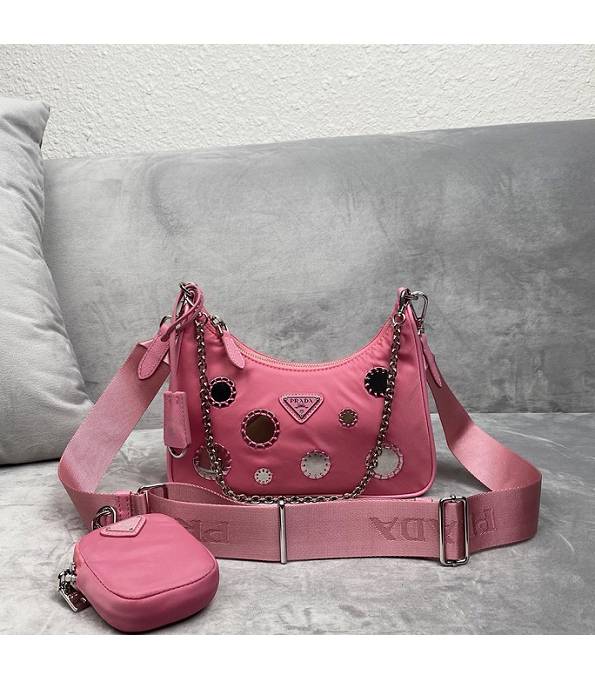 Prada Re-Edition 2005 Glass Pink Original Nylon Silver Metal Mini Hobo Bag With Checking IC Chip