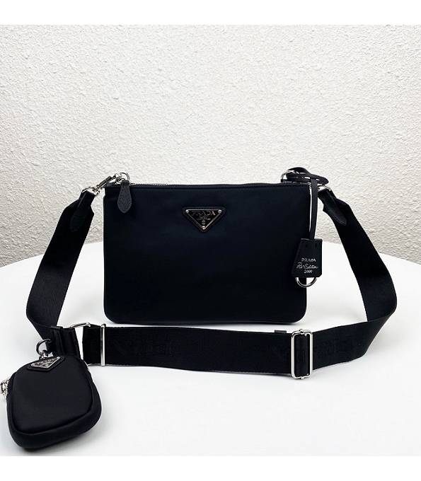 Prada Saffiano Tessuto Black Original Nylon Double Zip Crossbody Bag With Checking IC Chip